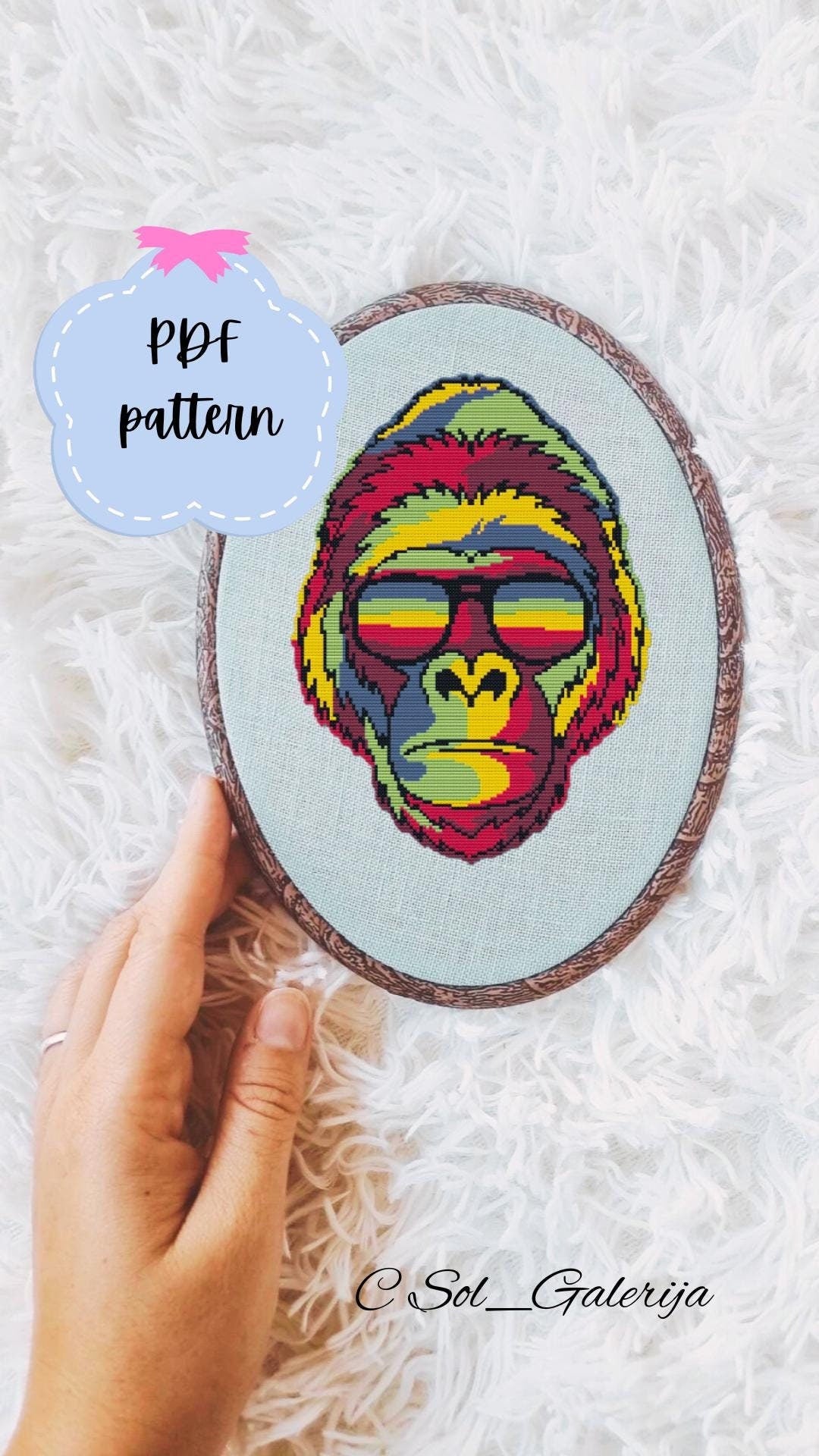 Gorilla with glasses | Cross Stitch Pattern PDF | Modern Embroidery | Colorful animals | monkey | Handmade chart | Digital file download