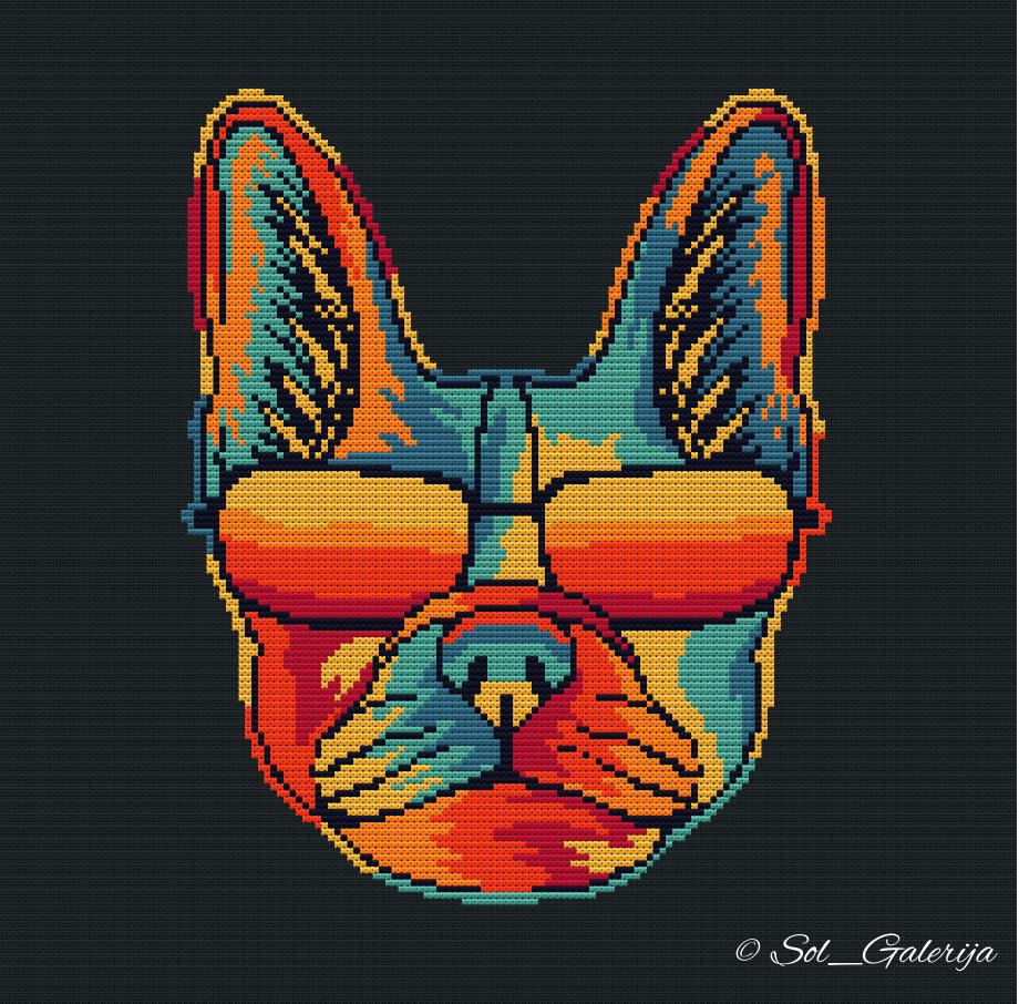 French Bulldog with glasses | Cross Stitch Pattern PDF | Modern Embroidery | Colorful animals | dog | Handmade chart | Digital file download