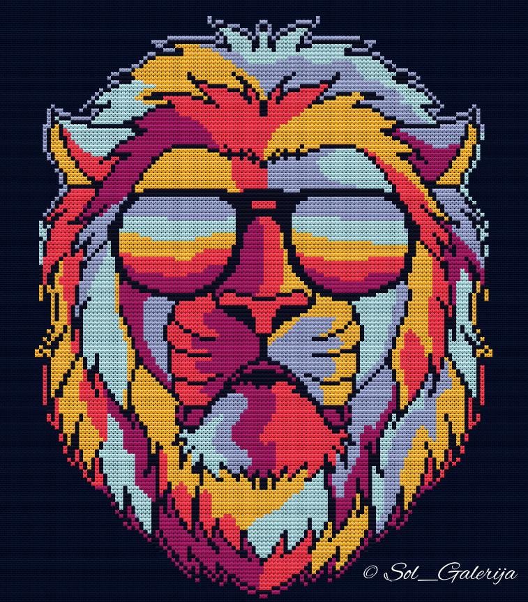 Lion with glasses | Cross Stitch Pattern PDF | Modern Embroidery | Colorful animals | Handmade chart | Digital file download