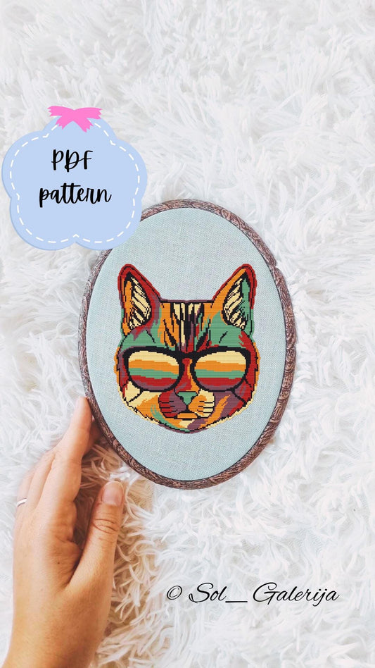 Cat with glasses | Cross Stitch Pattern PDF | Modern Embroidery | Colorful animals | Cat | Handmade chart | Digital file download