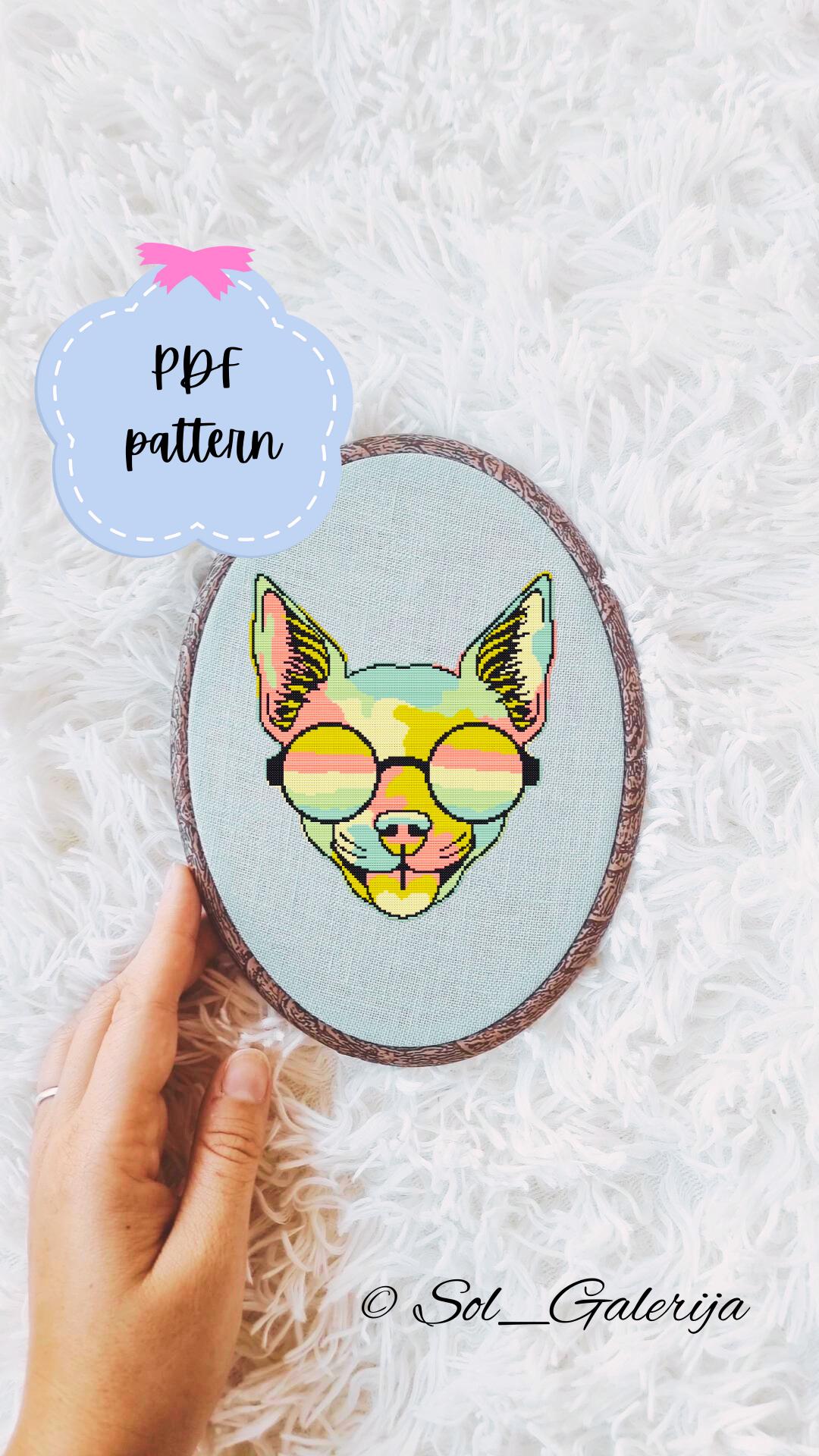 Chihuahua with glasses | Cross Stitch Pattern PDF | Embroidery | Colorful animals | Dog | Handmade chart | Digital file download | xsd saga