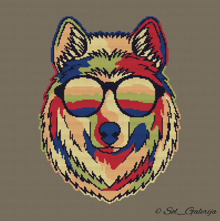 Wolf with glasses | Cross Stitch Pattern PDF | Modern Embroidery | Colorful animals | Wolf | Handmade chart | Digital file download