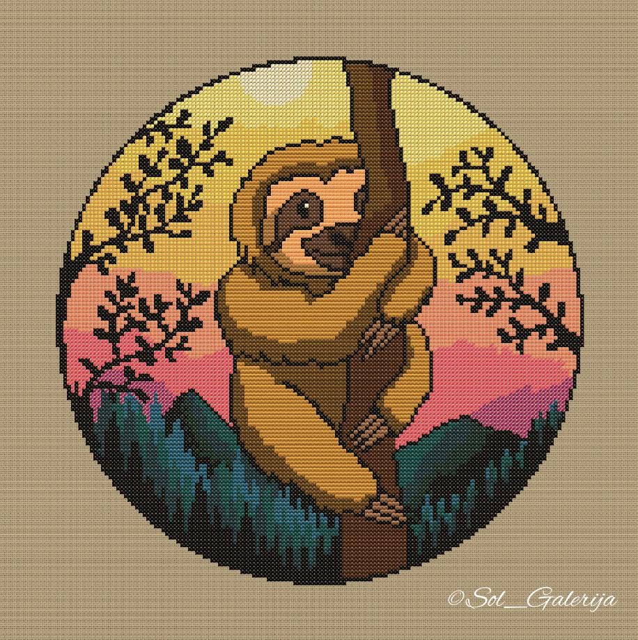 The sloth climbing a tree| Cross Stitch Pattern PDF | Modern Embroidery | Colorful animals | Handmade chart | SAGA xsd